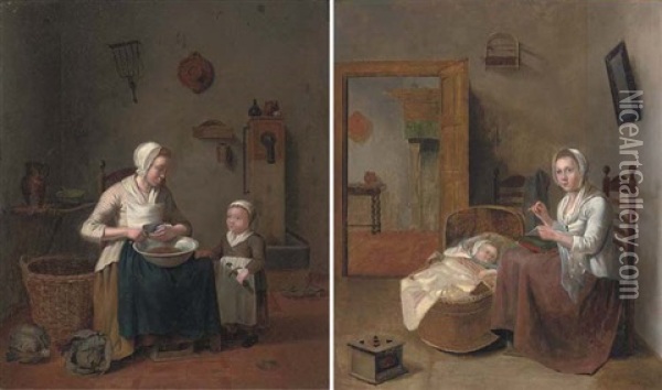 A Mother And Child Preparing Food In A Kitchen Interior (+ A Mother With Her Baby Sewing In An Interior; Pair) Oil Painting - Johannes Christiaan Janson