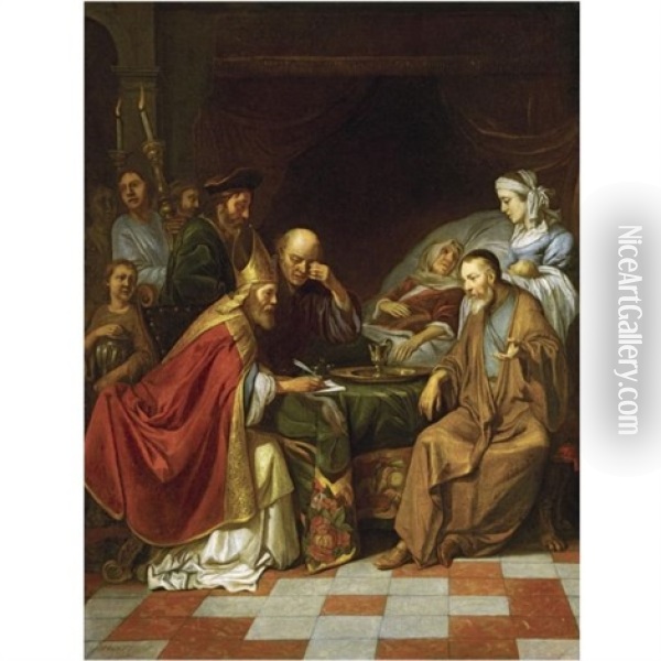 Zacharias Writing The Name Of Saint John The Baptist Oil Painting - Hendrik Heerschop