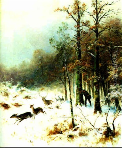 Jager Im Verschneiten Winterwald Oil Painting - Emil Barbarini