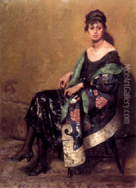 Woman Wearing A Chinese Robe And A Black Sequined Evening Dress Oil Painting - Bruno Croatto