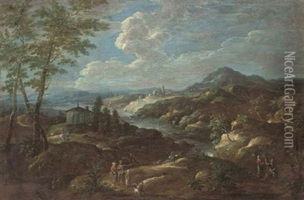 A Mountainous Landscape With Figures By A River Oil Painting - Hieronymous Hastner