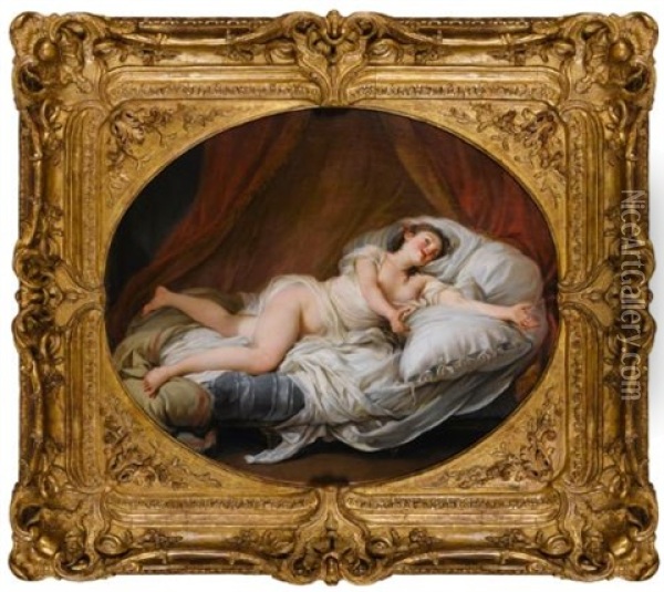 Young Lady Laying On A Bed Oil Painting - Hugues Taraval