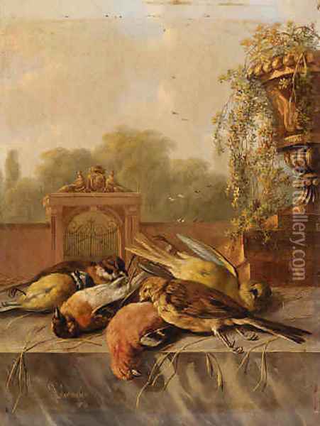 Still Life of Birds on a Ledge Oil Painting - Albertus Verhoesen