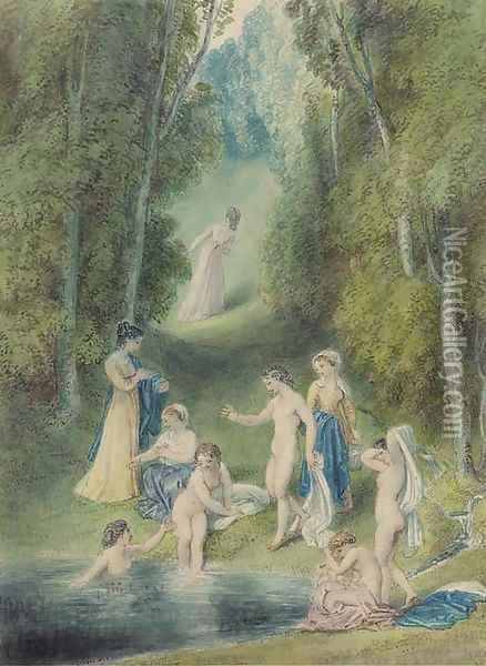 Girls bathing in a forest glade Oil Painting - Thomas Stothard