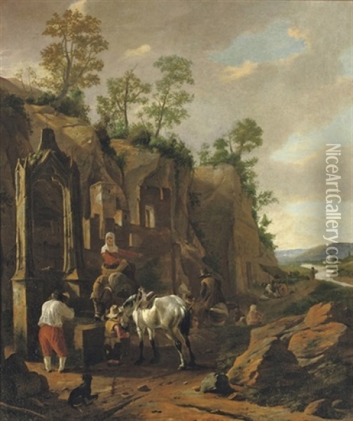 An Italianate Landscape With Peasants By A Well Near Ruins Oil Painting - Jan Asselijn