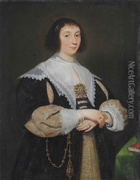 Portrait Of A Lady, In A Gold Embroidered Dress With A Lace Collar, Wearing A Pearl Necklace And A Jewelled Brooch With Diamonds Oil Painting - Cornelis De Vos