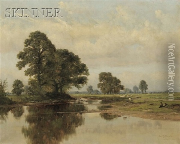 River View With A Resting Shepherd And His Grazing Flock Oil Painting - L. Clarence Ball