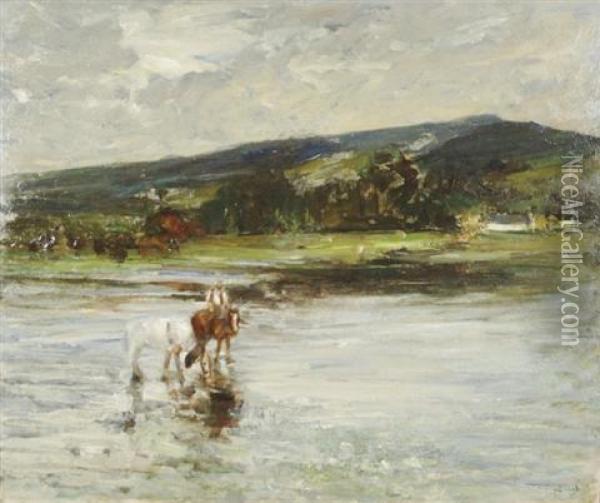 Figures In Landscape With River Oil Painting - John Dirk Bowie