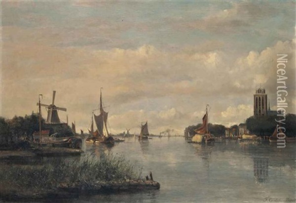 Vessels On The Oude Maas Before The Grote Kerk, Dordrecht Oil Painting - Francois Carlebur II