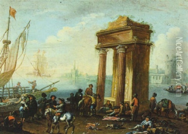 Ein Sudlicher Hafen Mit Einem Antiken Monument, Schiffen Und Vielen Figuren Oil Painting - Pieter Bout