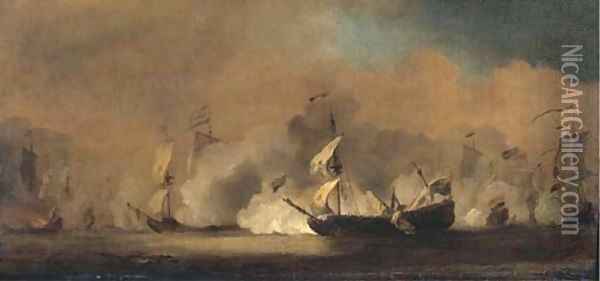 Dutch men-o'-war and other shipping fighting the battle of Kijkduin a sketch Oil Painting - Willem van de Velde the Younger