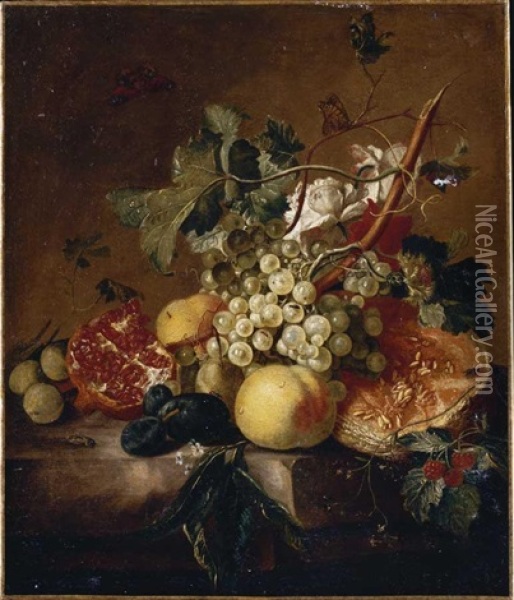 Still Life Of Grapes, Peaches, Plums And Greengages, An Open Melon And An Open Pomegranate On A Stone Table Oil Painting - Jan Van Huysum