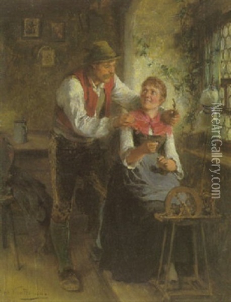 Bursch Und Madel Am Fenster Der Bauernstube Oil Painting - Hugo Wilhelm Kauffmann