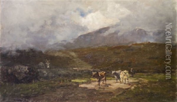 Herdsman And Cows On A Country Road, Glemalure, Co. Wicklow Oil Painting - Nathaniel Hone the Younger