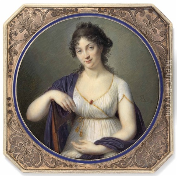 A Lady, Possibly Baronne Mechin, Nee Alexandrine-marie Raoulx, In White Dress And Purple Shawl, Seated In An Interior Oil Painting - Joseph Marie Bouton