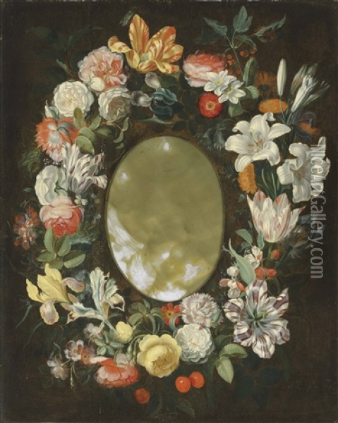 A Wreath Of Flowers Oil Painting - Jacob Marrel