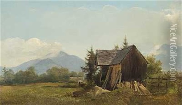 Faldefaerdig Traehytte Ved Brannenburg. I Baggrunden Bjerge, Hvor Toppene Er Daekket Af Skyer Oil Painting - Vilhelm Peter Carl Petersen