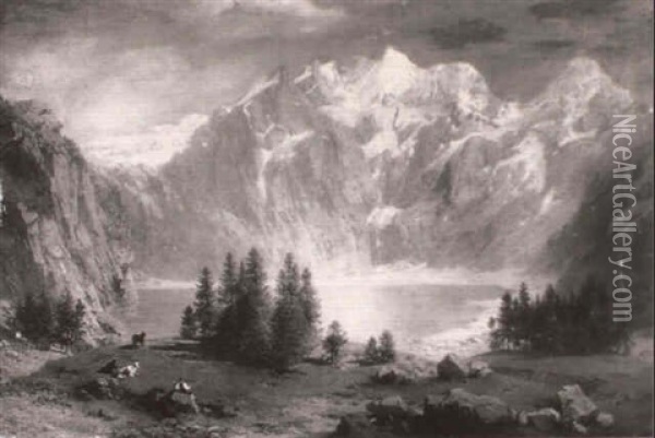 Alpine Lake Landscape Oil Painting - Johann Jakob Vollweider