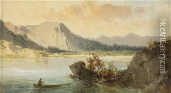 Seelandschaft Mit Kahn Und Gebirgskulisse Oil Painting - Joseph Brunner