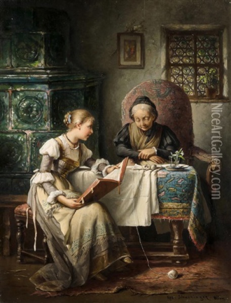 Enkelin Liest Der Grossmutter Vor Oil Painting - Rosa Schweninger