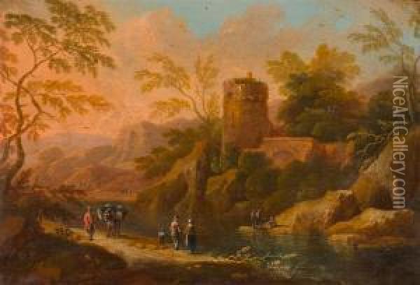 Flusslandschaft Mit Burgruine Und Figuren. Oil Painting - Christoph Von Bemmel