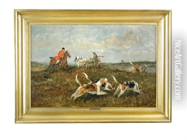 A Farmer With A Pony Trap Directing A Huntsman On The Path Of A Fox Oil Painting - John Emms