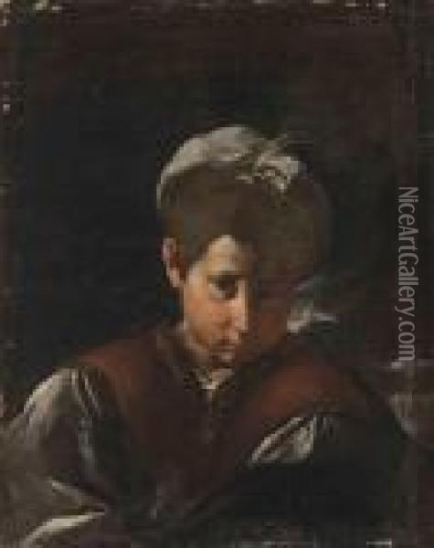 Portrait Of A Boy, Bust-length, In A Brown Waistcoat With A Whitecap Oil Painting - Pier Francesco Mola