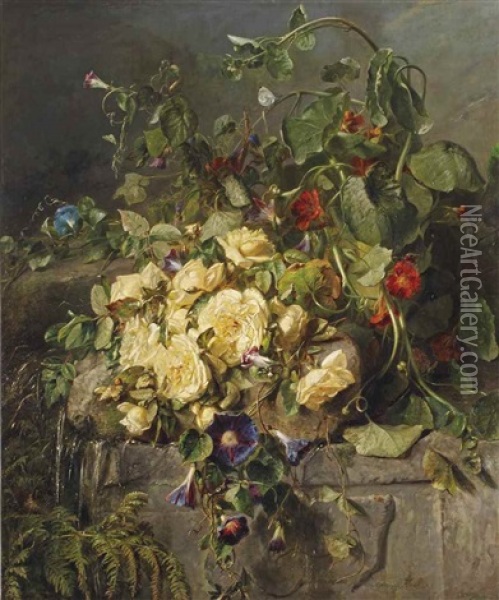 Yellow Roses, Morning Glory And East-indian Cress On A Forest Floor Oil Painting - Adriana Johanna Haanen