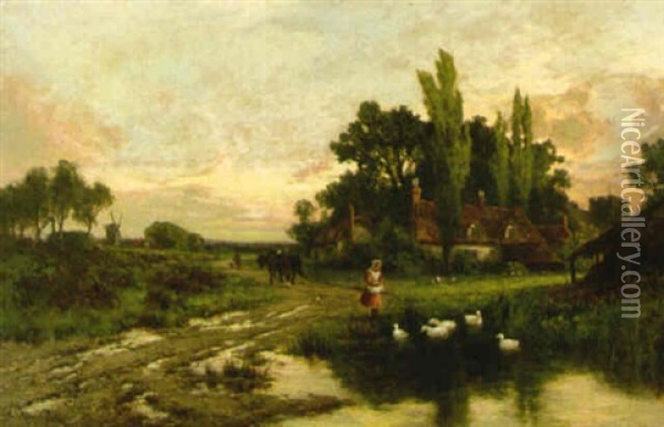 Feeding The Ducks Oil Painting - Henry H. Parker