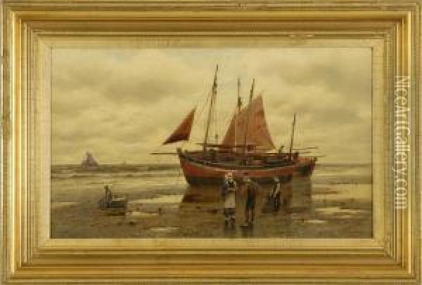 Beached Fishing Vessel With Figures Oil Painting - Henry Pember Smith