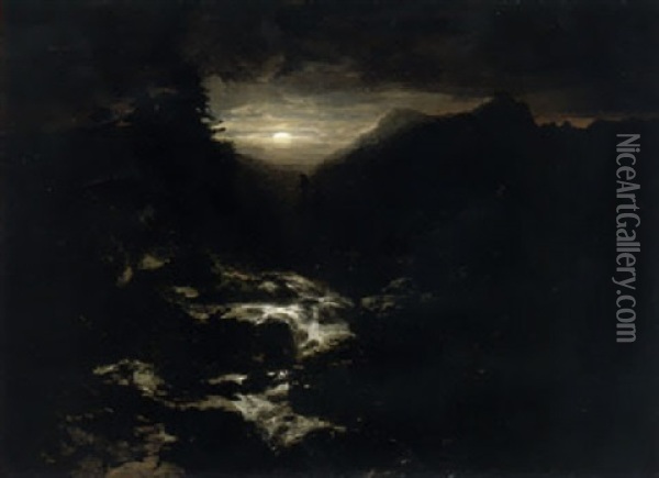 Souvenir De La Handeck, Effet De Lune Oil Painting - Alexandre Calame