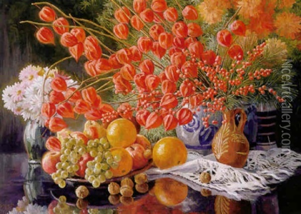 Herbstliches Stilleben Mit Fruchten Und Blumen Oil Painting - Robert Wosak