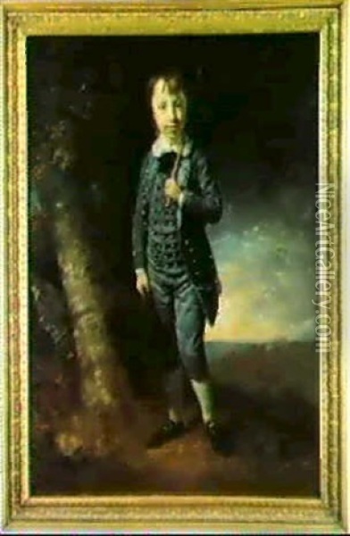 Portrait Of A Boy, Standing Full Length, Wearing A Grey     Suit With Silver Buttons And Holding A Bamboo Cane Oil Painting - John Opie