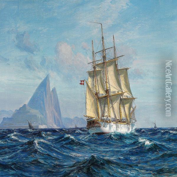 The Frigate Fyen (funen) Passing Gibraltar Oil Painting - Vilhelm Karl Ferd. Arnesen