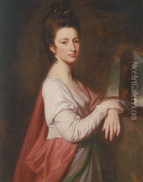 Portrait Of A Lady (mrs. Nelthorpe?) In A White Dress And Pink Shawl, Beside A Stone Plinth Oil Painting - George Romney