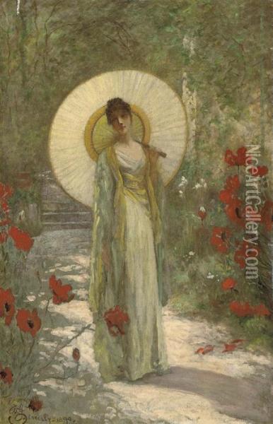 A Young Girl With A Parasol In A Summer Garden Oil Painting - William John Hennessy