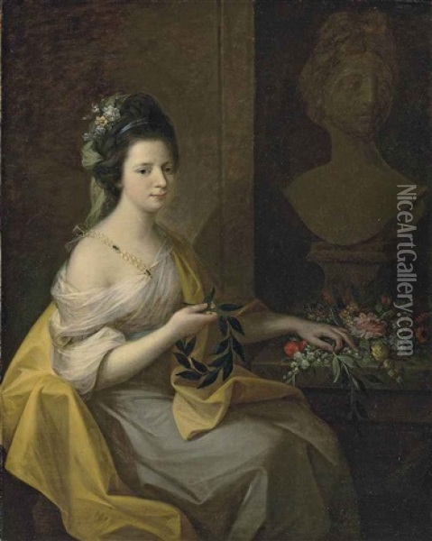 Portrait Of Lady (elizabeth Muncaster, Nee Dale?), In A Dress With A Pearl Clasp And A Yellow Mantle, Flowers In Her Hair, Holding A Laurel Wreath, Before A Bust Of The Apollo Belvedere Oil Painting - Angelika Kauffmann