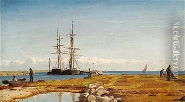 Kystparti Med Sejlskibe I En Havn, I Forgrunden Ordner Fiskere Deres Net Oil Painting - Christian Frederic Eckardt