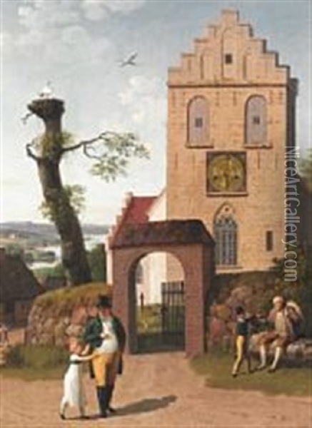 Landscape With A Church With A Real Clock Inserted In The Tower Oil Painting - Christoffer Wilhelm Eckersberg