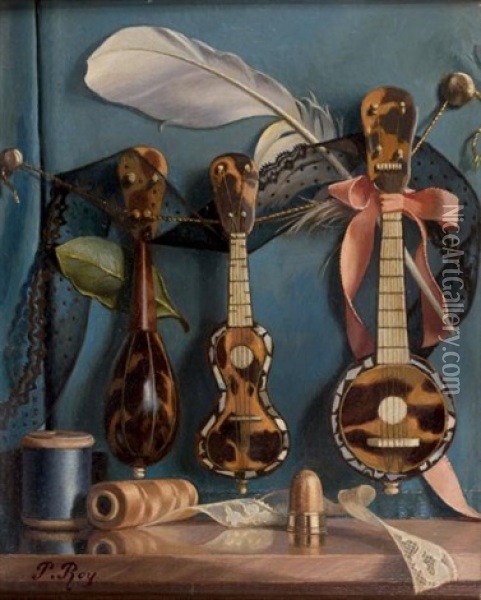 Composition Aux Mandolines Et Necessaire De Couture Oil Painting - Pierre Roy