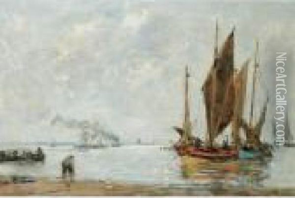 Property From The Collection Of Paul R. And Mary Haas
 

 
 
 

 
 Bateaux A L'ancre Le Long Du Rivage Oil Painting - Eugene Boudin