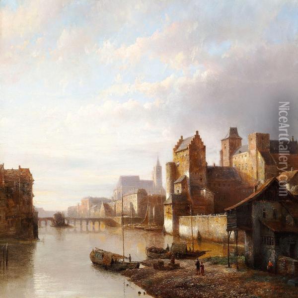 View Of A Dutch City With A Bridge Over A River Oil Painting - Kasparus Karsen
