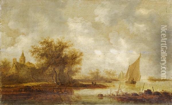 An Extensive Landscape With Boats Oil Painting - Reynier Van Der Laeck