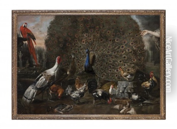 Paons, Ara Sur La Vasque D'une Fontaine Et Oiseaux De Basse-cour Dans Le Jardin D'un Palais Romain Avec Statues A L'antique Dont La Flore Farnese Oil Painting - David de Coninck