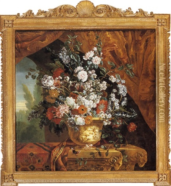 Still Life Of A Vase Of Floweron A Stone Ledge Oil Painting - Pieter Casteels III