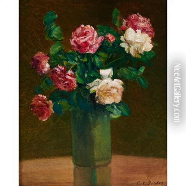 Roses In A Green Vase Oil Painting - Charles Porter