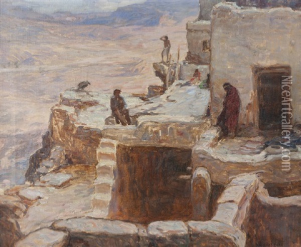 A Desert Fortress, Acoma Or Walpi Pueblo, Nm Oil Painting - Carl Oscar Borg