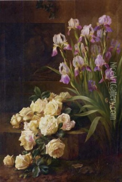 Pink Roses And Irises On A Stone Ledge Oil Painting - Edward van Ryswyck
