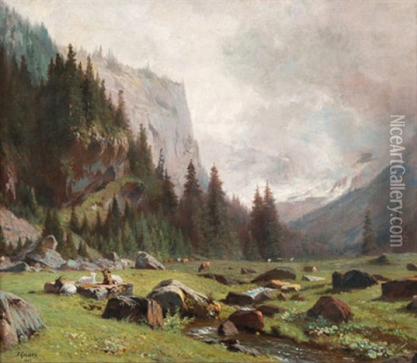 Gebirgstal Mit Weidenden Kuhen Und Ziegen Oil Painting - Johann-Joseph Geisser