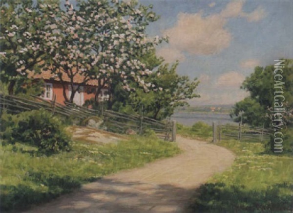 Sommarlandskap Med Blommande Frukstrad Oil Painting - Johan Fredrik Krouthen